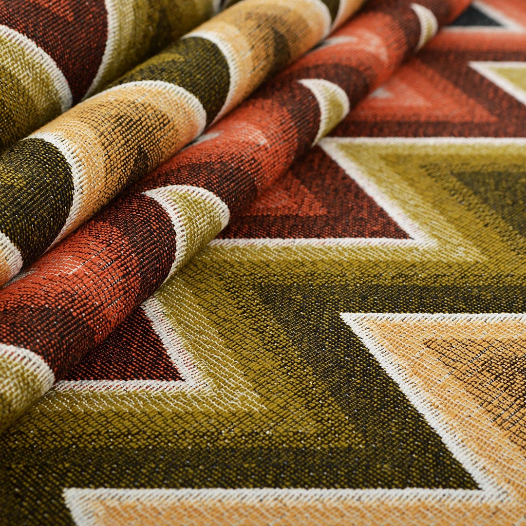 Quality Woven Chenille Upholstery Fabric Blue Rust Red Green Chevron ...