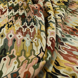 New Multi Coloured Full All Over Geometric Pattern Jacquard Upholstery Fabrics - Sold By The 1 Metre Length Fabric