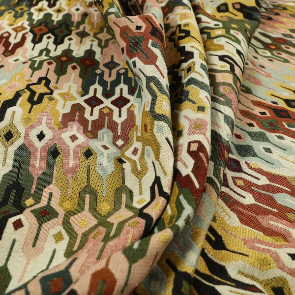 New Multi Coloured Full All Over Geometric Pattern Jacquard Upholstery Fabrics - Sold By The 1 Metre Length Fabric