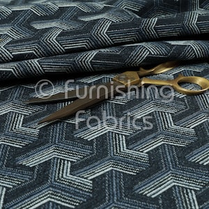 Locked Geometric Pattern Navy Blue Colour Chenille Upholstery Furnishing Curtains Material Fabrics