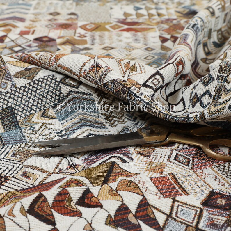 Sold By The Metre Fabric Multicolour Designer African Tribal Inspired Patchwork Small Motif Pattern Upholstery Fabric