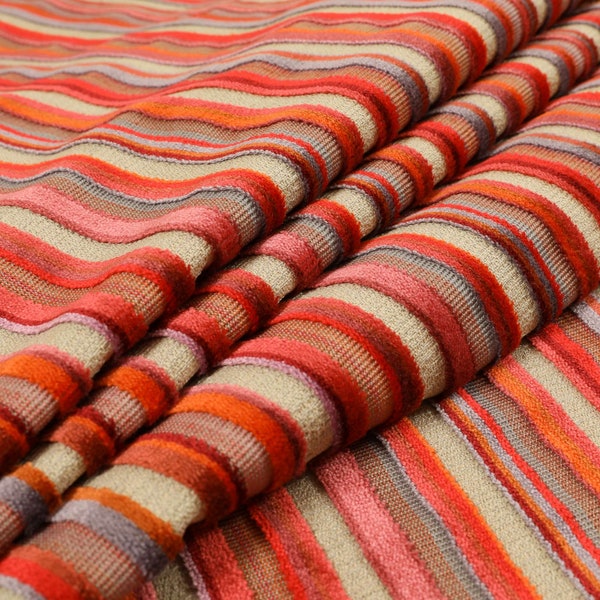 New Designer Modern Quality Grey Red Orange Striped Patterned Velvet Upholstery Curtains Cushions Fabric