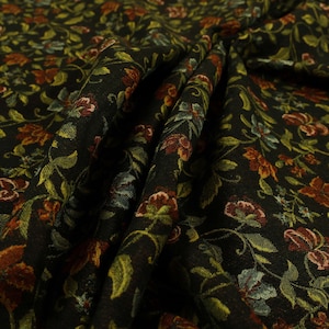 Red Green Blue Floral All Over Pattern Black Chenille Jacquard Upholstery Fabric - Sold By The 1 Metre Length Fabric