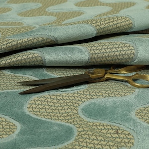 New Vertical Wave Stripe Patterned Blue Beige Colour Velvet Upholstery Fabric Sold By The Metre And Suitable For Curtains, Cushions & Sofas