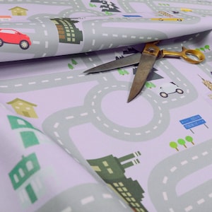 Carte de voiture pour enfants Thème Motif Toile imprimée Tissu d’ameublement Couleur violette - Vendu par le tissu de 10 mètres de longueur