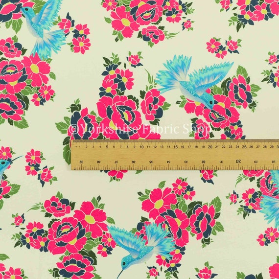 Blue Kingfisher Bird Pink Floral Pattern Velour Velvet Curtain Upholstery Fabric