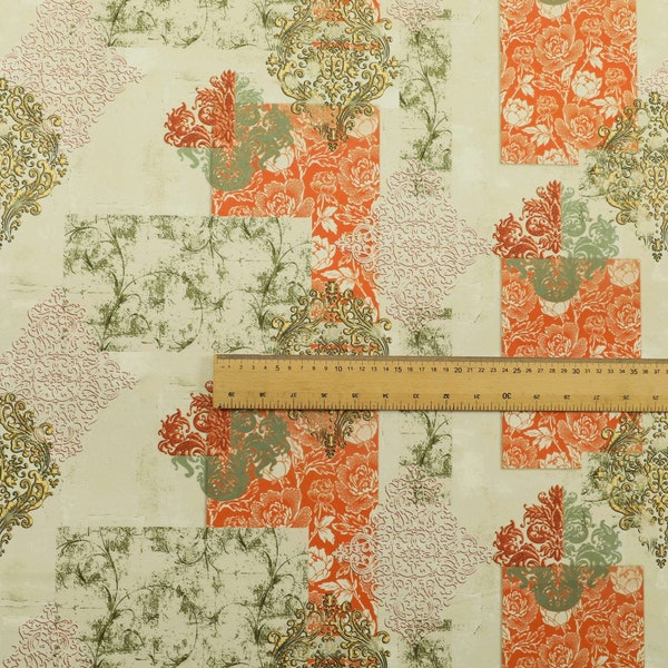 Modern Printed Velvet Orange Green Floral Patchwork Pattern Upholstery Fabric - Sold By The 1 Metre Length Fabric