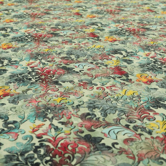 Modern Printed Velvet Floral Blue Damask Multi Colour Pattern Upholstery Fabric - Sold By The 1 Metre Length Fabric