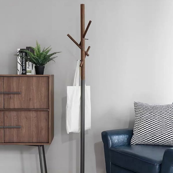 Nordic gray square home solid wood coat rack, black walnut clothes rack, freestanding sturdy coat tree with heavy base hanger