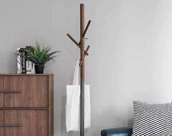 Nordic gray square home solid wood coat rack, black walnut clothes rack, freestanding sturdy coat tree with heavy base hanger