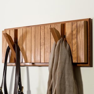 Cherry wood cloth rack, wall mounted wooden hanger, flip down wall hook rack, minimalist wooden coat hanger with folding hooks