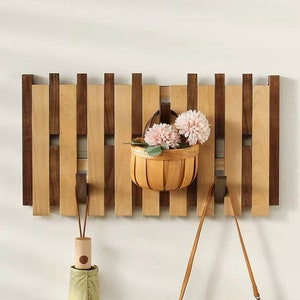 2 tier walnut beech wood wall rack, natural beech wood wall mounted rack, wall functional rack, modern entry unique rack