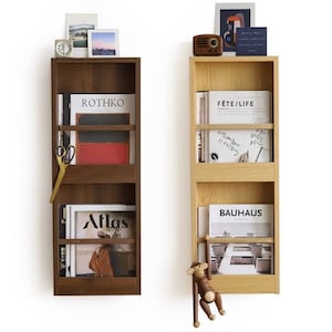 Minimalistic horizontal wood magazine rack, wall book rack display, solid wood storage rack, newspaper holder, wall bookshelf rack