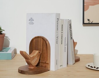 Walnut bookend, wooden phone holder, decorative bookends for shelves, bird wood stopper,  desktop book organizer