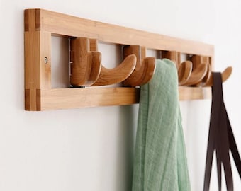 Bamboo foldable rack, functional wooden wall hook rack, bag coat key hallway rack, farmhouse rustic rack