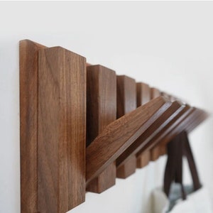 Natural walnut wood wall mounted hanger, flip down wall hook rack, modern wooden coat hanger image 3