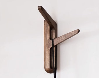 Natural walnut wood wall mounted hanger, flip down wall hook rack, modern wooden coat hanger