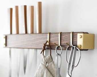 Knife wall wooden rack with hooks, magnetic knife rack, kitchen knife storage hanging rack, knife wall organizer, kitchen supplies shelve
