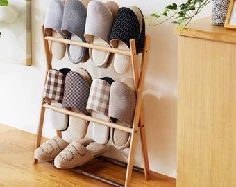 3 tier free standing shoe rack, wooden shoe rack stand, foldable entryway shoe rack, organization for shoes, wood shoe storage beech wood