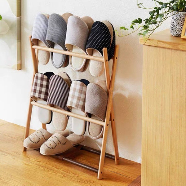 3 tier free standing shoe rack, wooden shoe rack stand, foldable entryway shoe rack, organization for shoes, wood shoe storage beech wood