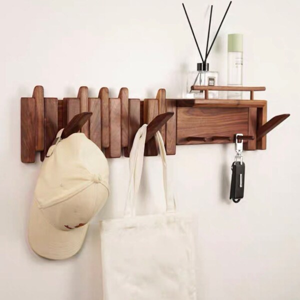 Cherry wood coat rack with shelf storage, entryway wall organization, wooden peg rack, shelf with flip down hook, natural wood hallway shelf