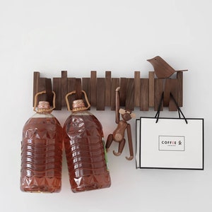 Natural walnut wood wall mounted hanger, modern wooden coat hanger, flip down wall hook rack