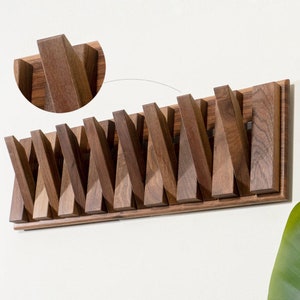 Natural walnut wood wall mounted hanger, flip down wall hook rack, modern wooden coat hanger image 6