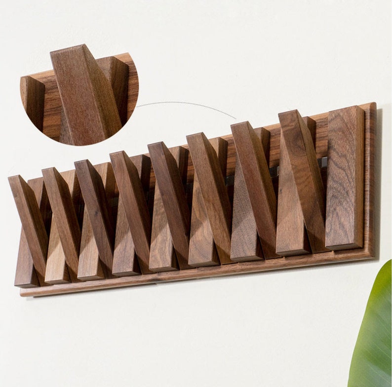 Natural walnut wood wall mounted hanger, flip down wall hook rack, modern wooden coat hanger image 6