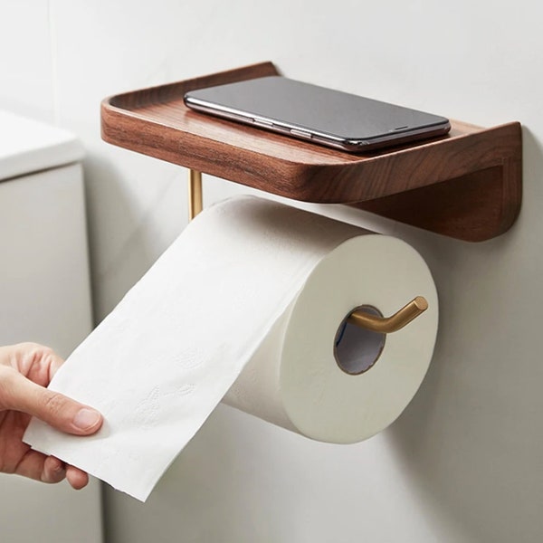 Toilet roll holder, walnut and brass toilet paper holder with shelf, wall mounted tissue holder with phone storage