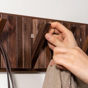 Natural walnut wood wall mounted hanger, flip down wall hook rack, modern wooden coat hanger image 5