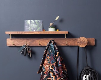 Walnut coat rack with shelf, entryway wooden organizer, wall mounted wood shelf with hooks, key hat hallway organizer