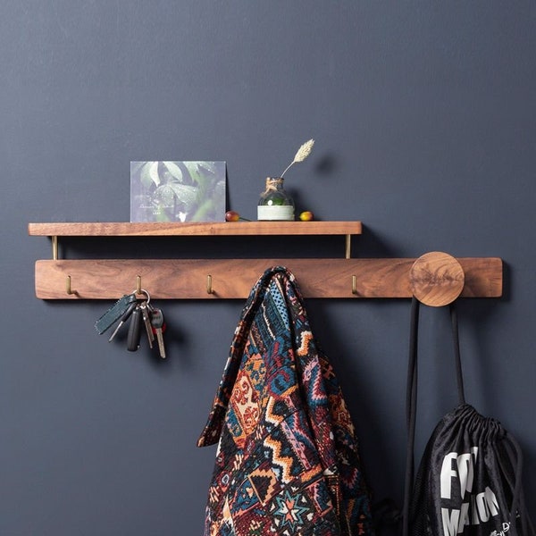 Walnut coat rack with shelf, entryway wooden organizer, wall mounted wood shelf with hooks, key hat hallway organizer