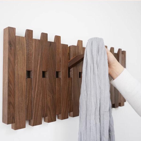Wood functional wall rack, wall mounted wooden rack, wall walnut rack, modern entry unique rack, wall mounted organizer