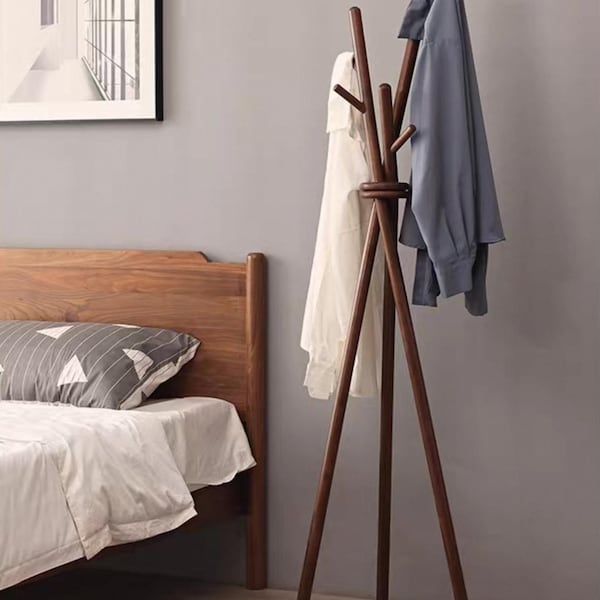 Hall Tree Space-Saving Hat and Bag Stand, Tree Wooden Coat Rack, Freestanding Clothes Stand Modern Entryway Coat Hanger Solid Walnut