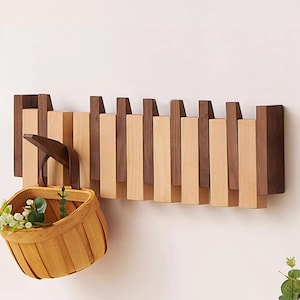 Natural walnut and beech wood wall mounted hanger, modern wooden coat hanger, flip down wall hook rack