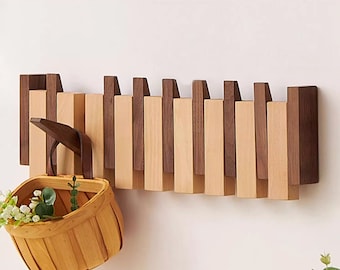 Natural walnut and beech wood wall mounted hanger, modern wooden coat hanger, flip down wall hook rack