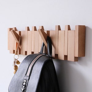 Natural beech wood wall mounted hanger, flip down wall hook rack, modern wooden coat hanger