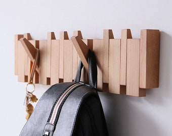 Natural beech wood wall mounted hanger, flip down wall hook rack, modern wooden coat hanger