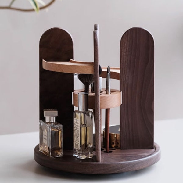 Wooden desk organizer, 360 degree rotating, large capacity rotating cosmetic organizer, revolving makeup storage