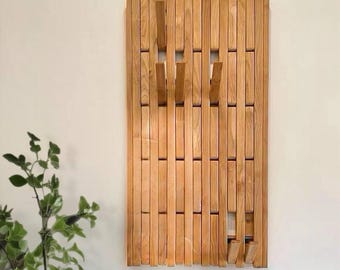 Oak wood functional wall rack, wall mounted organizer rack, natural oak wood coat rack modern unique rack for full wall