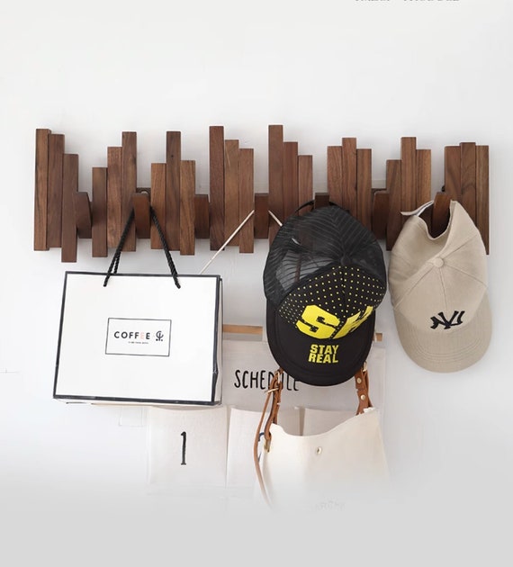 Natural walnut wood wall mounted piano coat rack, rustic wooden rack with flip down hooks, modern rack hook, coats bag hat functional rack
