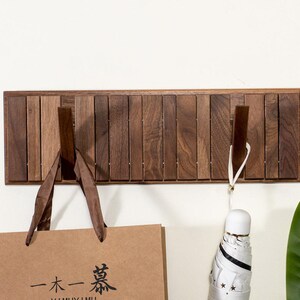 Natural walnut wood wall mounted hanger, flip down wall hook rack, modern wooden coat hanger image 2