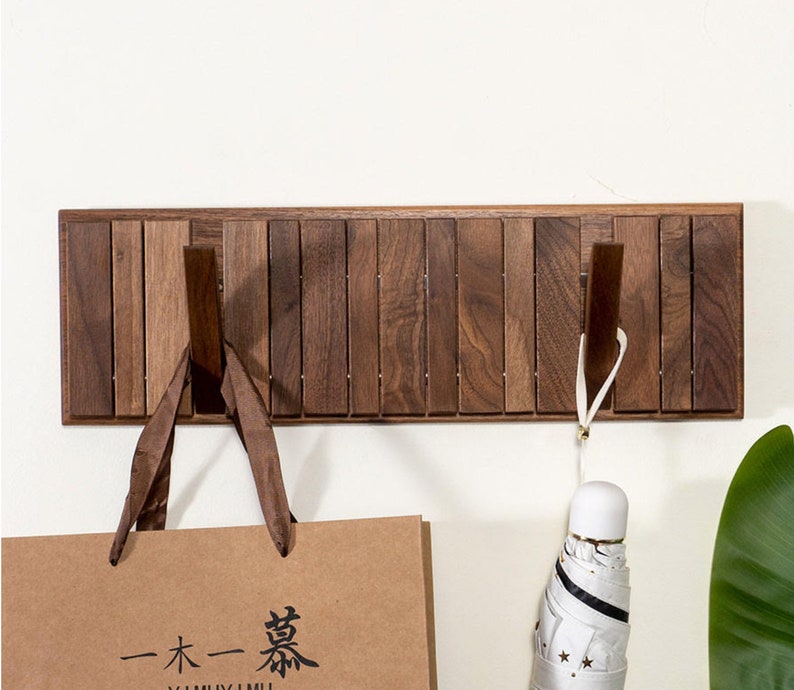 Natural walnut wood wall mounted hanger, flip down wall hook rack, modern wooden coat hanger image 2