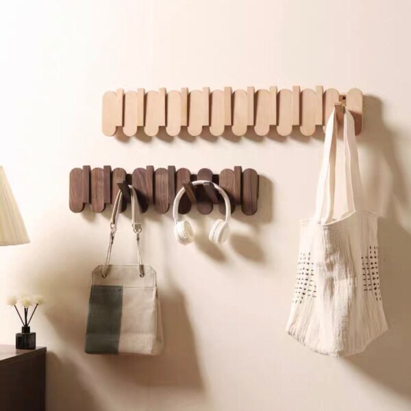 Natural beech wood entryway rack, wall rack hanger, light wood wall organization hanger