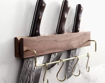 Knife wall rack with hooks for towel, hidden knife walnut rack, kitchen knife storage hanging rack, knife wall organizer