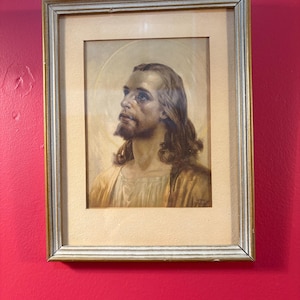 Approx 7”x9”  vintage wood framed picture of Jesus behind glass, by L. Jambor, awesome vintage look.