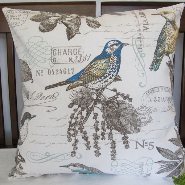 French Country, 18 x 18 Pillow Cover, Vintage Bird Pillow cover, Blue birds, Throw Pillow Cover, Sofa Pillow, French Country Pillow Cover