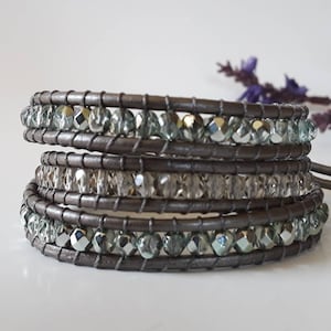 3 x wrap Bracelet,  Ice Blue/Turquoise and smoke glass bead bracelet, Gray wrap Bracelet, Czech glass bead wrap bracelet, Boho Chic jewelry