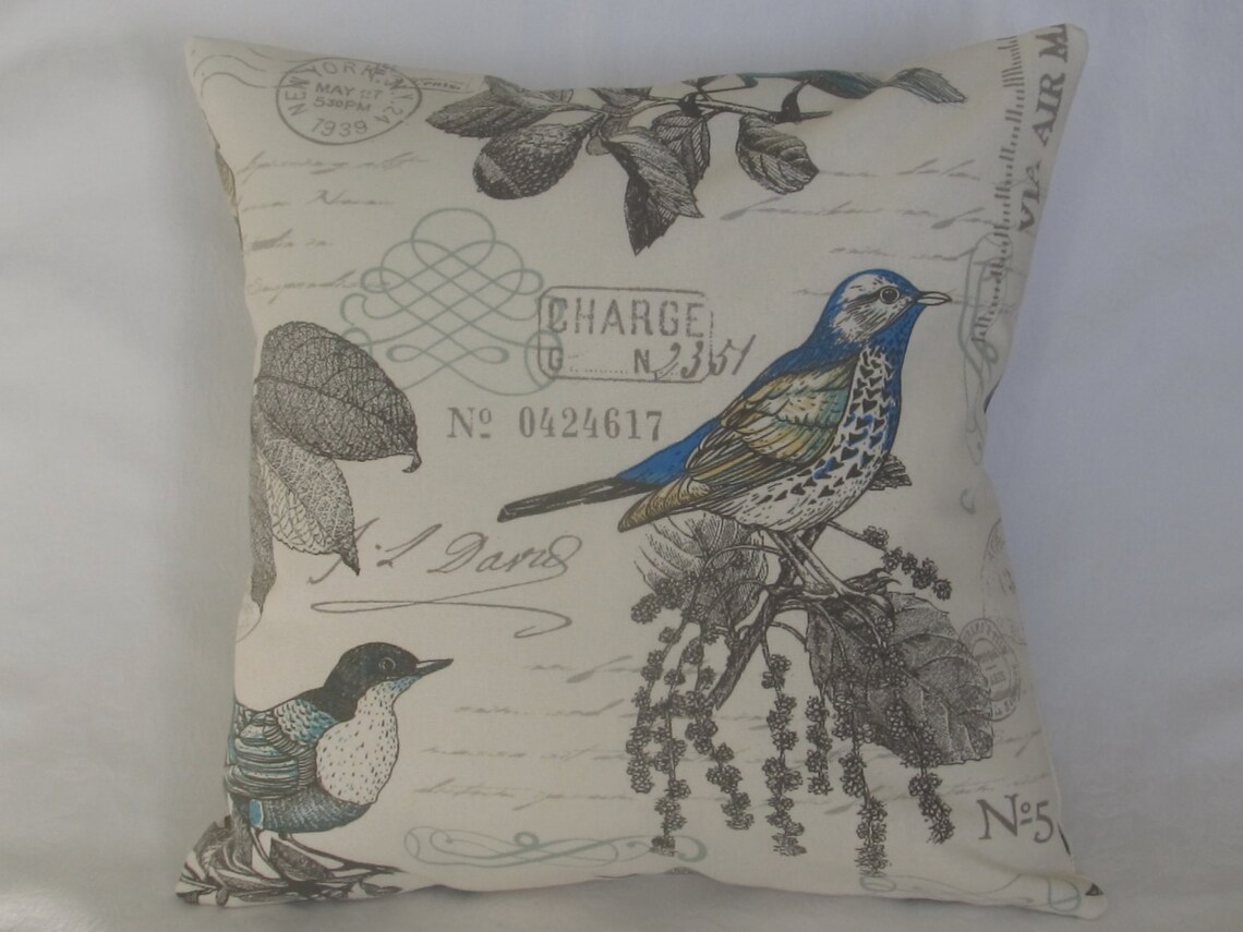 French Country Pillow COVER, 16 X 16 Pillow COVER, Vintage Pillow Cover, Bird Pillow Cover