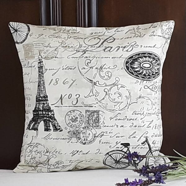French Country Pillow COVERS, 16x16 Pillow Covers, Paris Pillow COVERS,  Eiffel Tower, Vintage Look, French Script, Shabby Chic